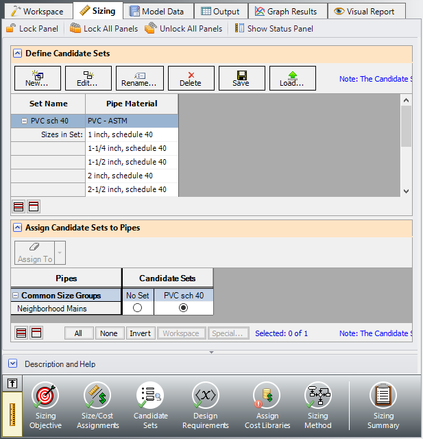 The Candidate Sets panel of the Sizing window fully defined for the model.